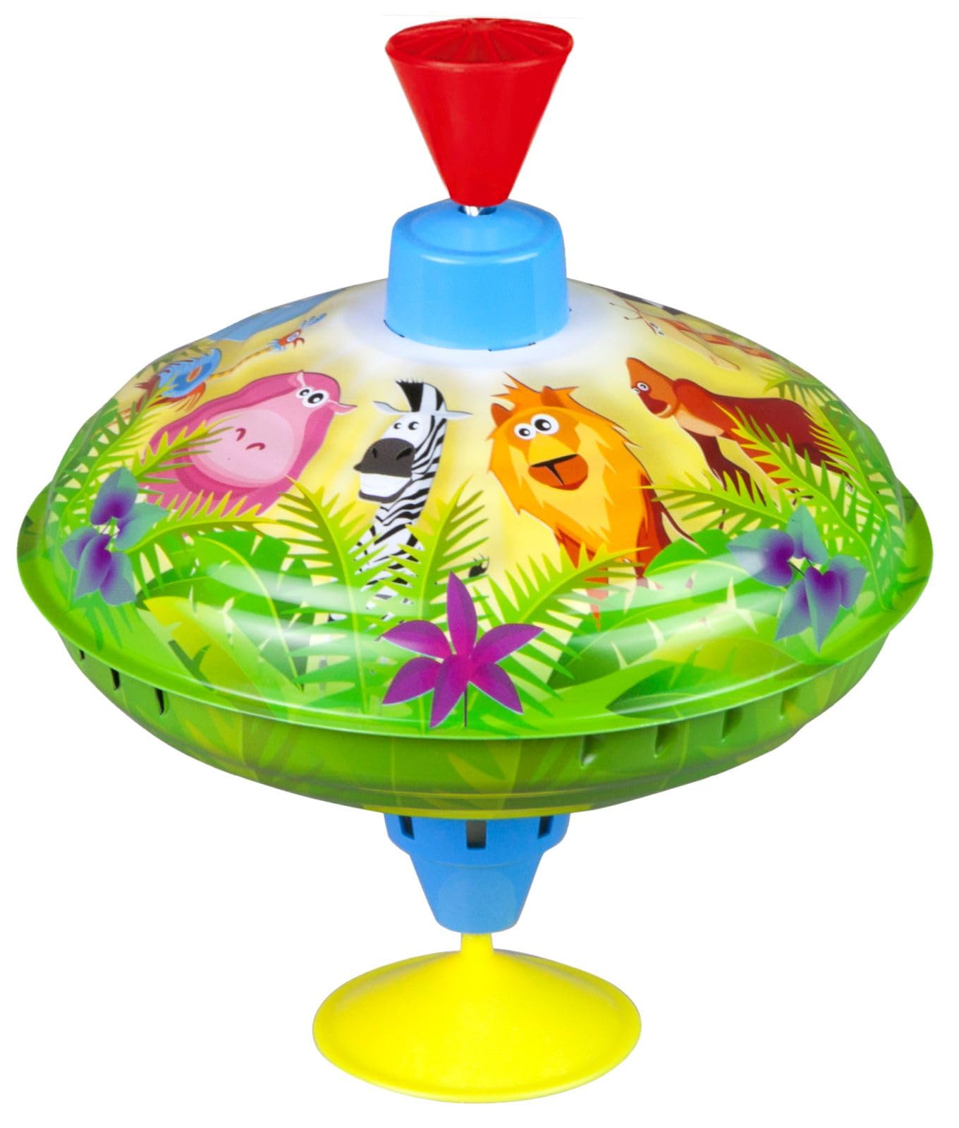 Lena tin toys 52263 - Humming top jungle animals Ø 16 cm, metal spinning top, classical pump action, metal top with animal motif, top with stand, for children from 18 months