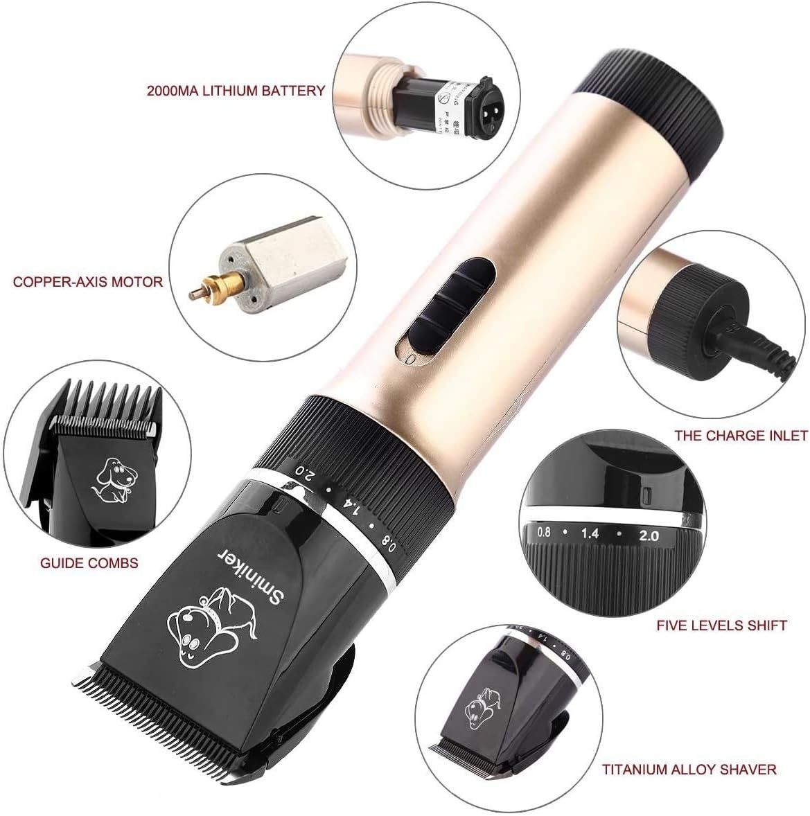 Sminiker Professional Low Noise Rechargeable Cordless Cat Dog Horse Clippers Professional Pet Clippers Grooming Kit, animal clippers Pet Grooming Kit(Gold)