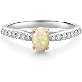 Gem Stone King 925 Sterling Silver and 10K Yellow Gold White Ethiopian Opal and Lab Grown Diamond Engagement Ring For Women (0.50 Cttw, Oval Cabochon 6X4MM, Gemstone Birthstone)