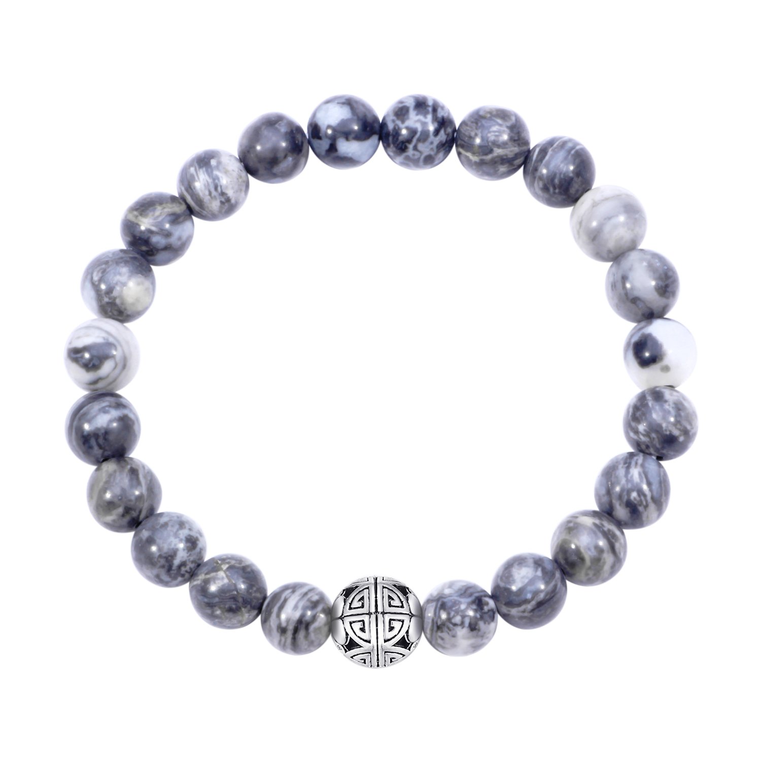 Natural 8mm Gemstones MetJakt Healing Crystal Stretch Beaded Bracelet Bangle with 925 Sterling Silver Double Happiness Pendant (Black jade) — image 1