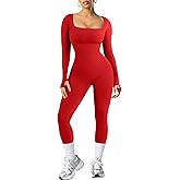 Popilush Jumpsuits for Women Long Sleeve Built-In Bra Square Neck Full Length Leggings Bodycon Stretch Workout Outfits