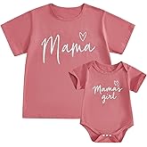 Aiwpstoin Mom and Daughter Matching Outfits Letter Heart Graphic Short Sleeve Baby Romper Mama Tee Mommy and Me Shirt