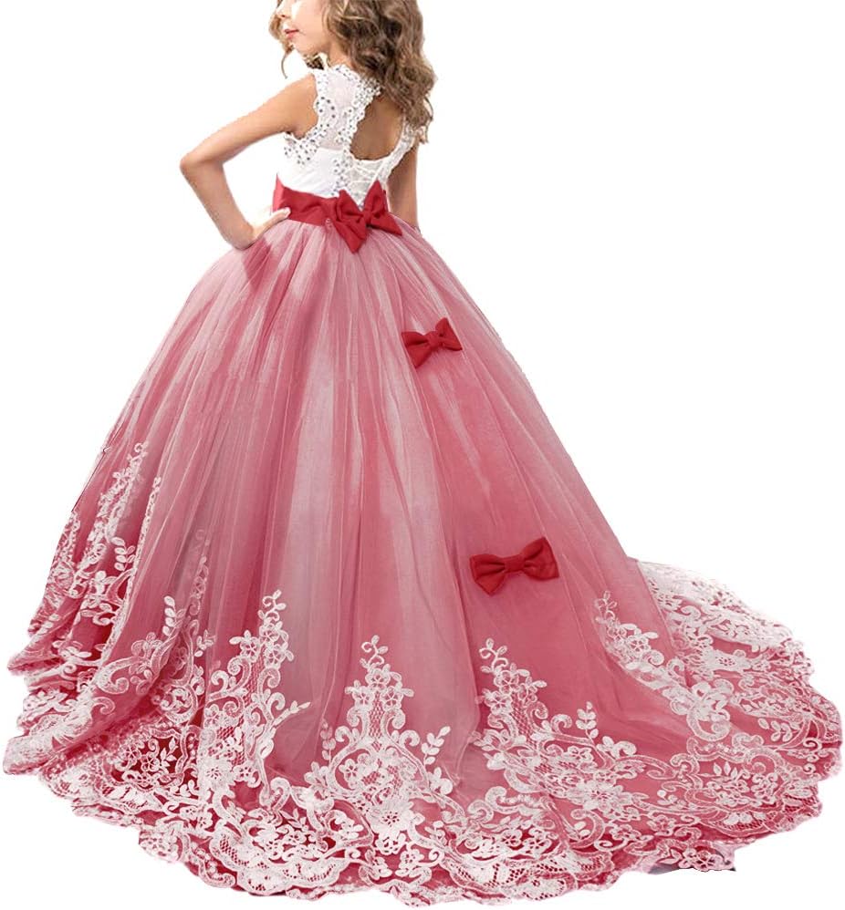 OBEEII Flower Girls Pageant Dresses Sleeveless Rhinestone Lace Floral Maxi Dress Elegant Evening Gown for Ceremony Wedding Bridesmaid Communion Birthday Cocktail Prom Party for Kids 2-13 Years