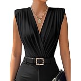 LYANER Women's Wraped V Neck Ruched Sleeveless Tank Leotard Bodysuit Top