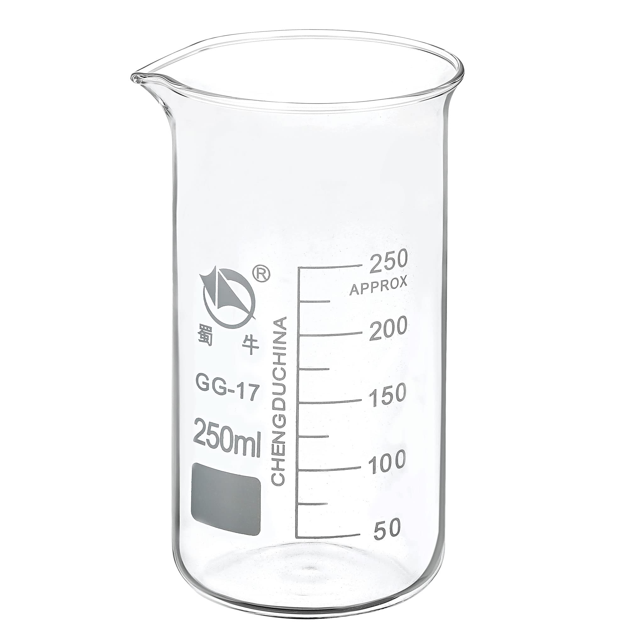 PATIKIL 250ml Tall Form Glass Beaker, 3.3 Borosilicate Glass Graduated Printed Scale Measuring Cups with Spout for Kitchen Lab Liquids Transit Boiling