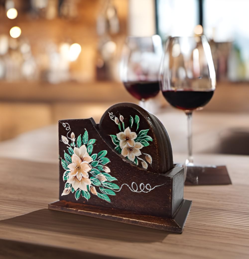 Purpledip Wooden Coasters Flowery Heart: Handpainted Set Of 6 Hot Pad Mat (12566)