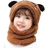 Kids Winter One Piece Hat and Scarf, Unisex Warm Fleece Hat Neck Warmer Hood Cap with Bear Ears for 5-8 Years Old Girls Boys