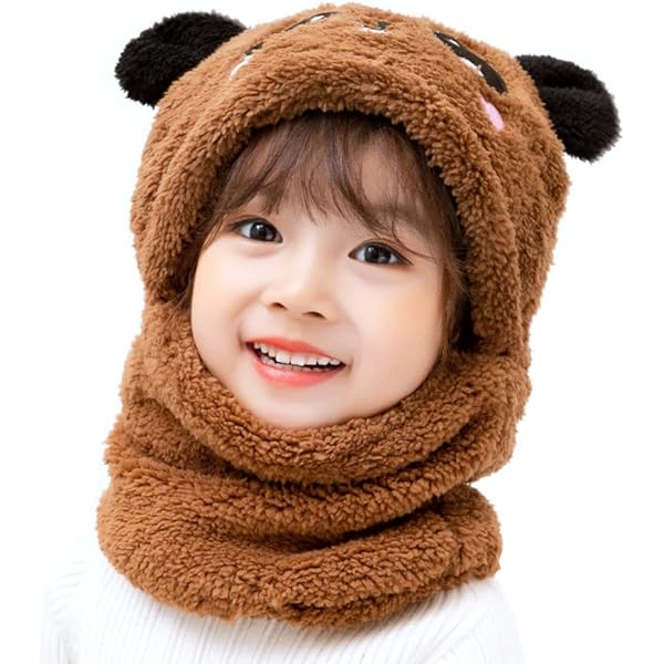 Kids Winter Hat Scarf Mask Set - Cute Bear Knit Warm Plush