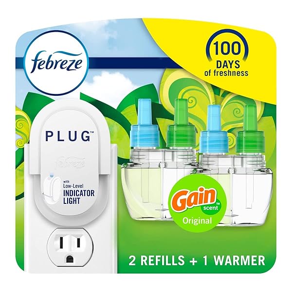 FEBREZE PLUG IN AIR FRESHENER, ODOR-FIGHTING SCENTED OIL STARTER KIT, AIR FRESHENERS FOR HOME AND BATHROOM AND KITCHEN, LONG LASTING FOR STRONG ODORS, GAIN ORIGINAL SCENT, WARMER + 2 REFILL