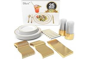 DLux 175 Pieces Gold Plastic Dinnerware Set for 25 Guests, (25 Forks, Knives, Spoons, Cups, Straws, Salad & Dinner Plates) fo