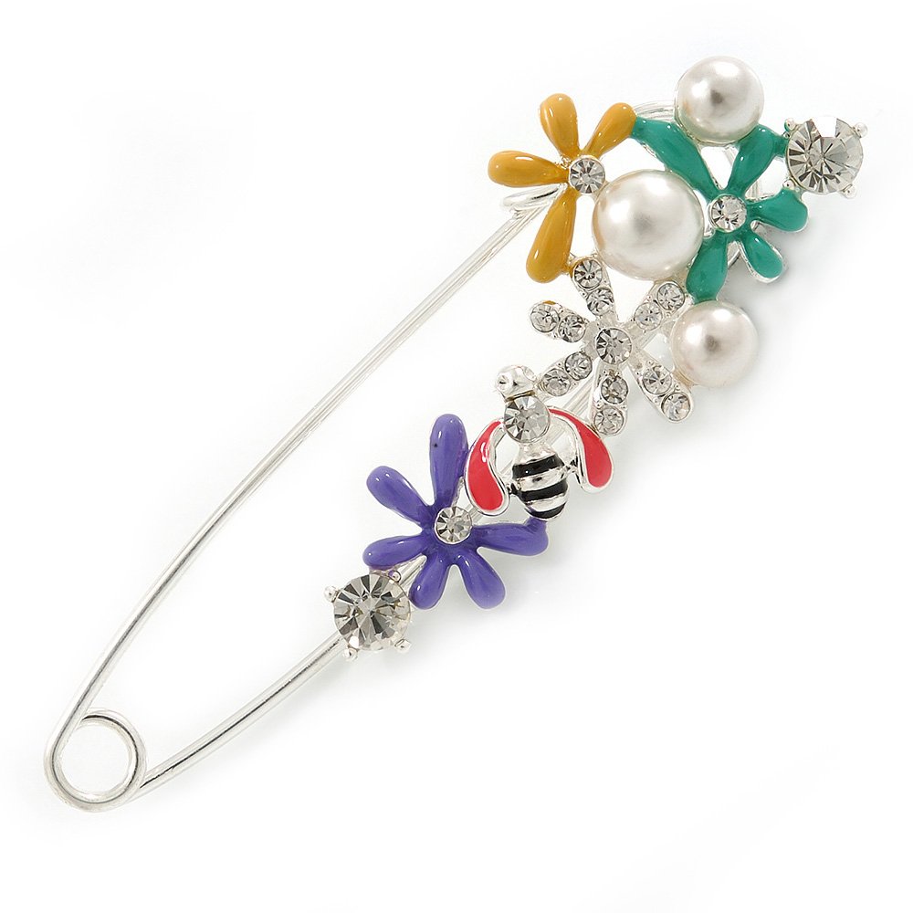 Multicoloured Enamel Flowers, Bee, Simulated Pearls Safety Pin Brooch In Silver Tone - 80mm L