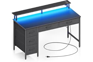Seventable Computer Desk with Power Outlets & LED Light, 39 inch Home Office Desk with 5 Drawers, Writing Desk with Monitor Stand,Work Desk for Home Office, Black