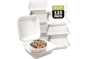 Klex Eco-Friendly Clamshell Takeout Food Containers [6-Inch, 125-Pack], Microwave Freezer Safe, Made from Bamboo & Sugarcane, 6"x6"x3", 125 Count