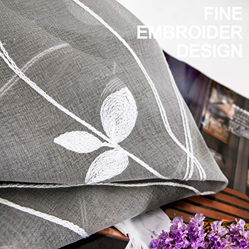 AmHoo Floral Leaf Embroidery Semi Sheer Curtain Rod Pocket Voile Sheer Curtains Set of 2 for Living Bedroom Window Treatment (Light Grey, 53 x 84)
