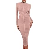 UONBOX Women's Long Sleeves Cross Strap Ribbed Club Party Midi Bodycon Bandage Dress