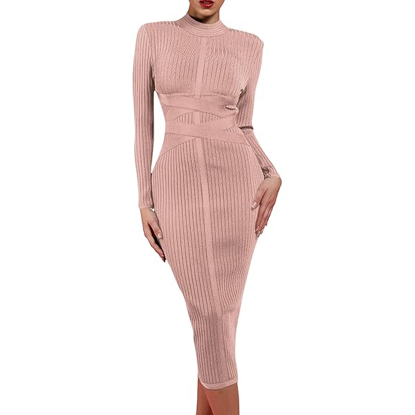 Amazon.com: whoinshop Women's Cross Strap Ribbed Bandage Long Sleeve Midi  Fall Winter Bodycon Party Dress Khaki XS : Clothing, Shoes & Jewelry
