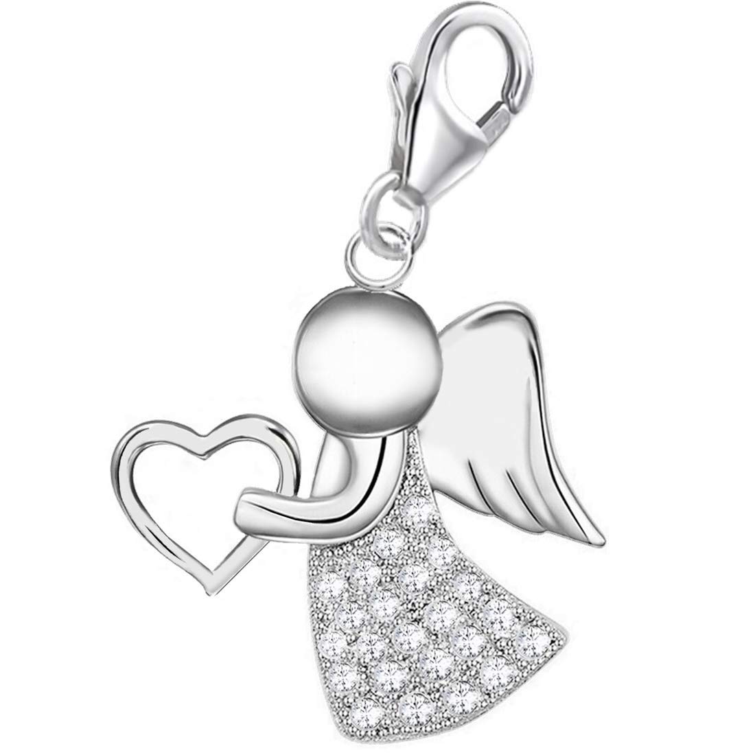 Goldene Hufeisen Guardian Angel Heart Carabiner Charm Pendant for Charm Bracelet or Charm Chain Charm Carrier 925 Silver with Zirconia, Cubic Zirconia, Cubic Zirconia
