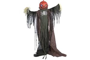 Haunted Hill Farm Life-Size Poseable Pumpkin Scarecrow, Halloween Animatronic with Touch Activated Lights and Sound, Scary Fright Props, Battery Operated Indoor or Covered Outdoor Halloween Decoration