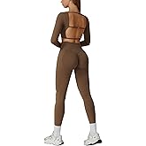 Workout Sets for Women 2 Piece Long Sleeve Backless Crop Top and High Waisted Leggings Gym Athletic Jogger Sets