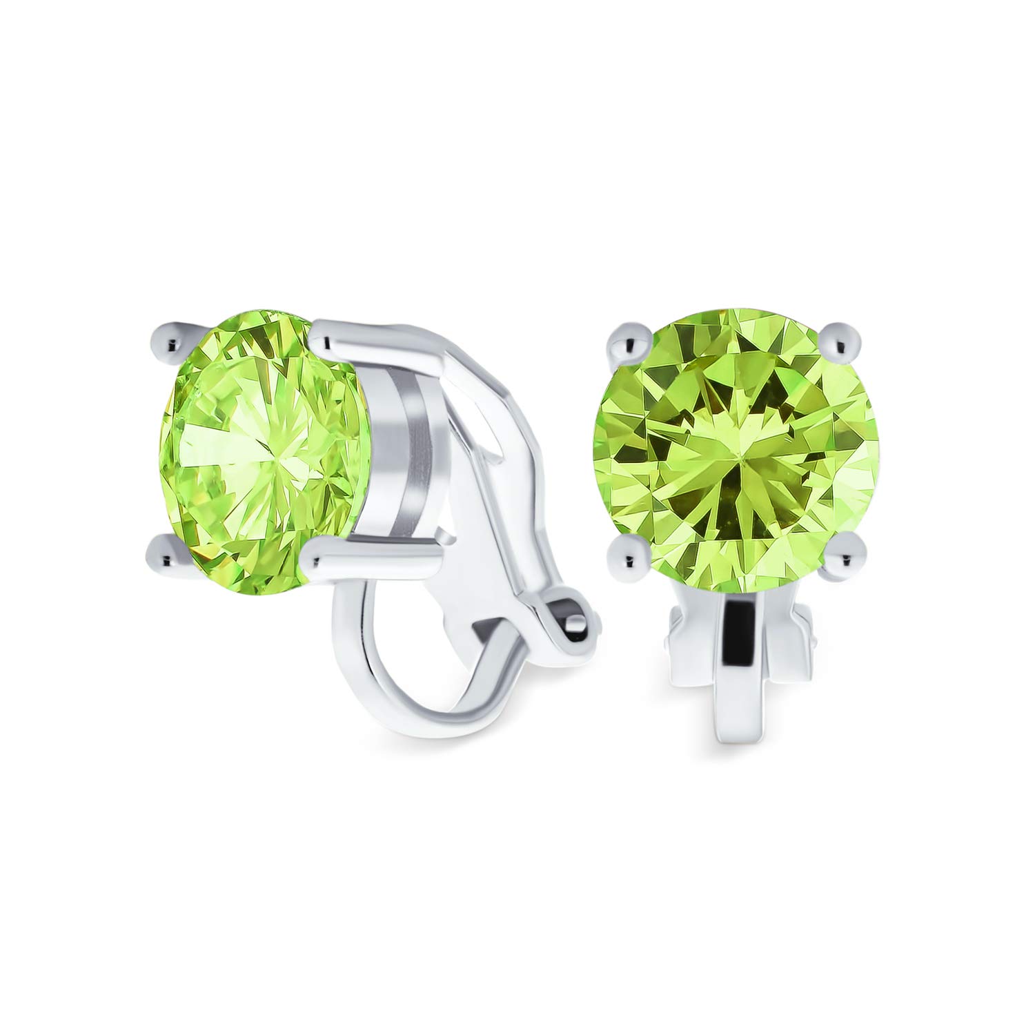 Green Brilliant Cut Solitaire Round Cubic Zirconia CZ Clip On Stud Earrings Simulated Peridot Silver Plated Brass