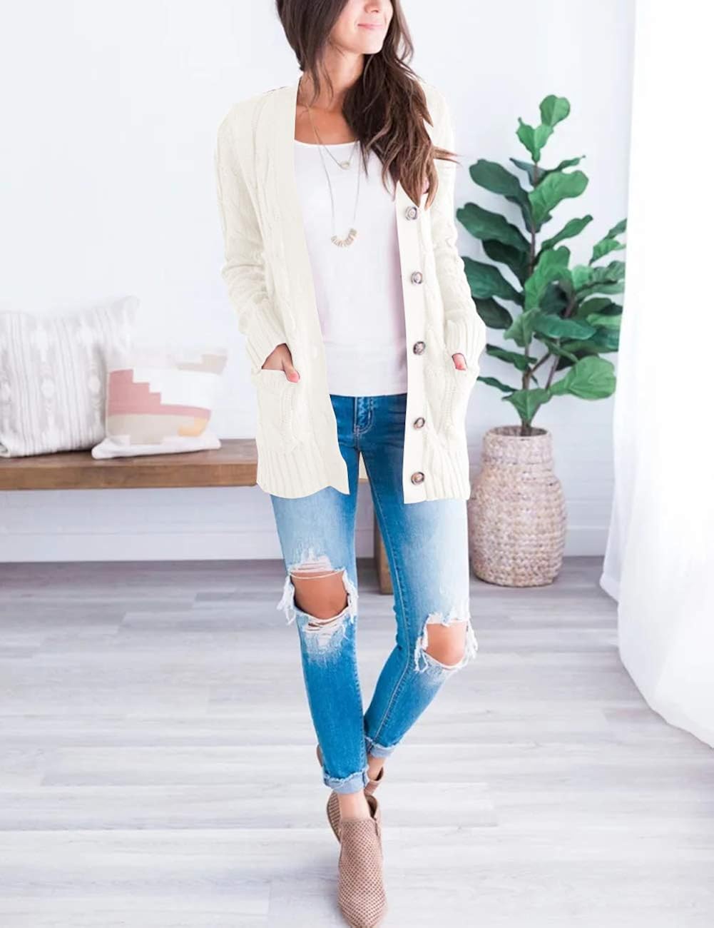 MEROKEETY Women's Long Sleeve Cable Knit Sweater Open Front Cardigan Button Loose Outerwear at  Women’s Clothing store
