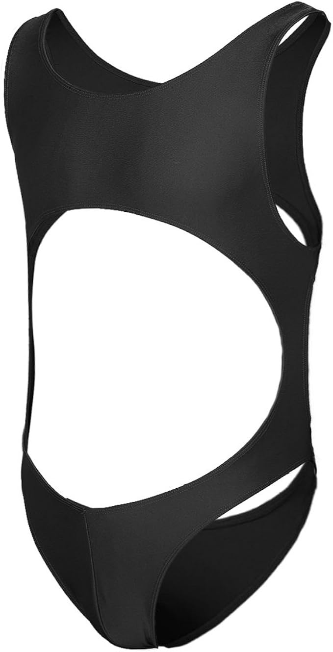 JEEYJOO Mens Solid Racer Back Bodysuit High Cut Thongs Leotard Stretch