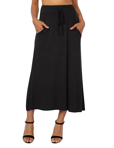DJT Damen Elastisch Stretch Bund Einfarbig Sommerrock Rock Lang mit Tunnelzug und Seitentaschen
