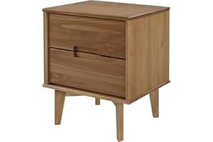Walker Edison Mid Century Modern Grooved Handle Wood Nightstand Side Table Bedroom Storage Drawer and Shelf Bedside End Table, 2 Drawer, Caramel