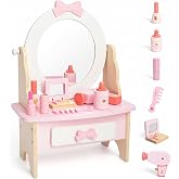 WOODENFUN Wooden Vanity Set for Kids, Pretend Play Toddler Makeup Toy | Vanity Table Toys with 360&deg; Rotatable Mirror, Beauty Salon Set with Makeup Accessories, Little Girls Birthday Gift Age 3+