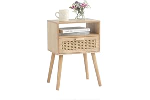 MaxSmeo Modern Nightstand Rattan Side End Table with Storage, for Living Room, Bedroom and Small Spaces, Accent Bedside Farmhouse Tables with Solid Wood Legs, Easy Assembly (Natural Walnut)