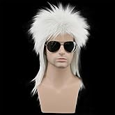karlery Men Women Long Straight Silver Grey Mullet Wig 70s 80s Heavy Metal Rocker Punk Wig for Cosplay Event Costume Halloween Party