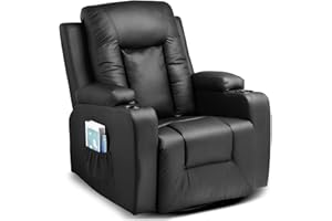 COMHOMA Leather Recliner Chair Rocker with Heated Massage Ergonomic Lounge 360 Degree Swivel Single Sofa Seat Drink Holders Living Room Chair Black