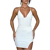 Floerns Women's Deep V Neck Mini Dress Spaghetti Strap Split Concert Outfit Bodycon Dresses