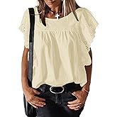 Falechay Womens Tops Fashion Blouses For Women Dressy Casual Crochet Shirts Summer 2024 Trendy Crewneck Tunic Bell Sleeves