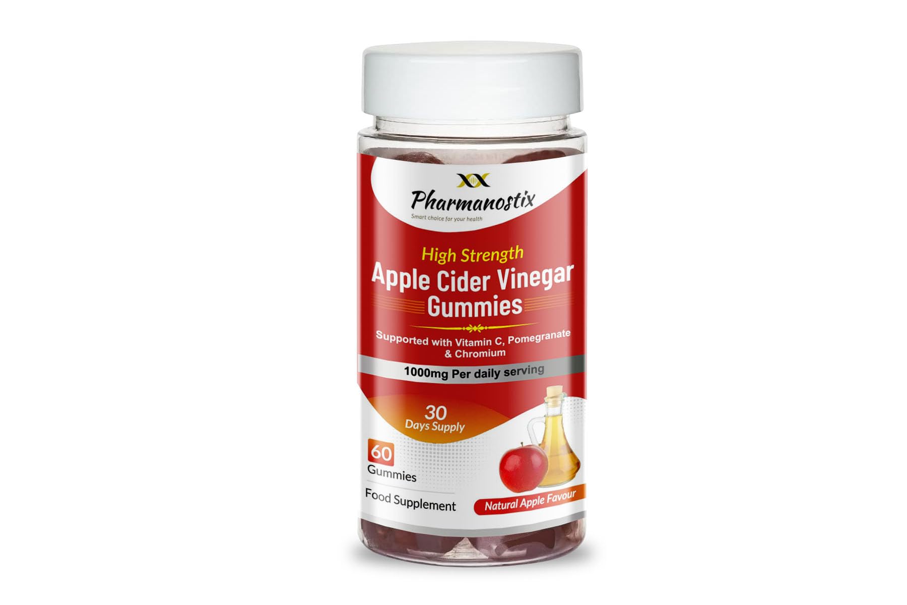 Apple Cider Vinegar Vegan Gummies - Enhanced with Vitamin C, Chromium & Pomegranate - 500mg ACV per Gummy - 60 Gummies - Natural Ingredients, Non-GMO, Gluten-Free & Gelatine-Free-Pharmanostix