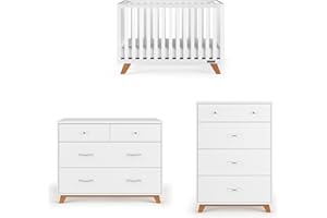 Child Craft SOHO Crib, 3-Drawer Dresser Nursery Set, Chest, 3-Piece, Includes 4-in-1 Convertible Crib, Dresser, Chest (White/Natural)