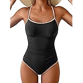 Eomenie Women's One Piece Swimsuit Tummy Control Slimming Bathing Suit Ruched Swimwear Tie Back Shell Stitch Swim Suit