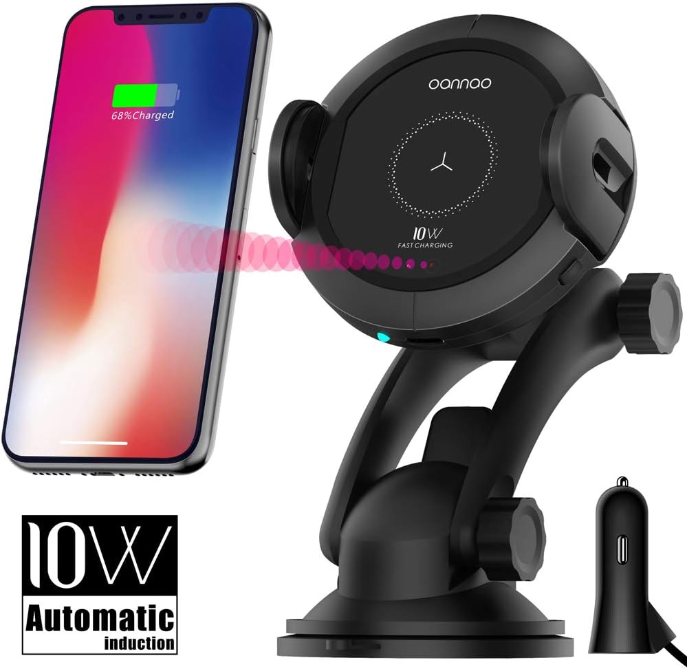 Qi Wireless Car Charger Mount - Car Charger Holder for iPhone x 8/8Plus,10W Fast chargeing for Samsung Galaxy S8/S9/Note8.Infrared Motion Sensor Automatic Open and Clamp for Safe Driving (10W Update)