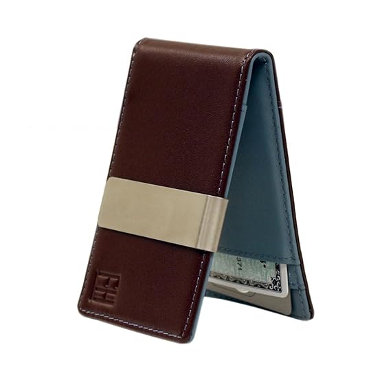F H Minimalist Slim Leather Wallet Money Clip Holds 8 Cards - 