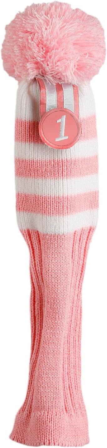Pacific Golf Clubs Head Covers Driver Pink and White Knit Retro Old School Vintage Stripe Pom Pom Throwback Classic
