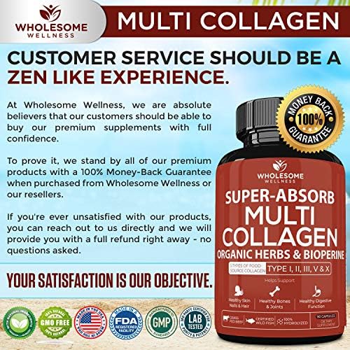 Super Absorb Multi Collagen Pills Type I Ii Iii V X Organic Herbs And Bioperine Anti Aging Hair Skin Nails Joints Hydrolyzed Collagen Peptides Protein Supplement For Women Men 90 Capsules