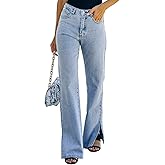 Anna-Kaci Women's Classic Boyfriend Split Jeans High Waist Wide Leg Denim Pants with Pockets