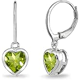 Birthstone Earrings for Women - 6mm Heart Bezel Solitaire Leverback Dangle Drop Silver Earrings With Genuine or Synthetic Gemstones