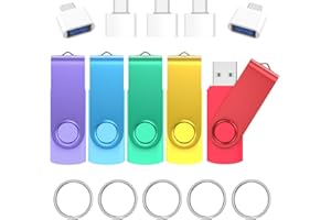 64GB USB 3.0 Flash Drives 5 Pack with USB C 3.0 Adapter and Keychains, Wooolken Swivel Thumb Drives USB Drive Stick Memory St