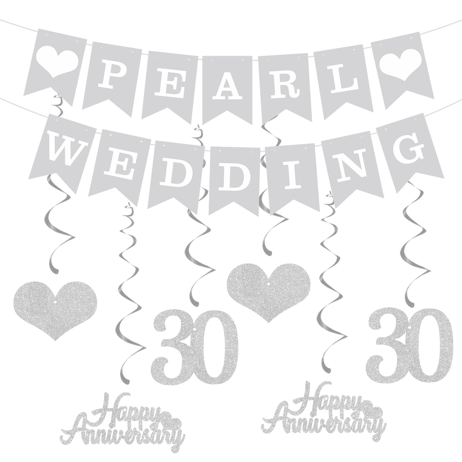 Elicola 30th Anniversary Decorations Pearl Wedding Banner Hanging Swirls Happy 30th Anniversary Bunting Backdrop for Party Decorations