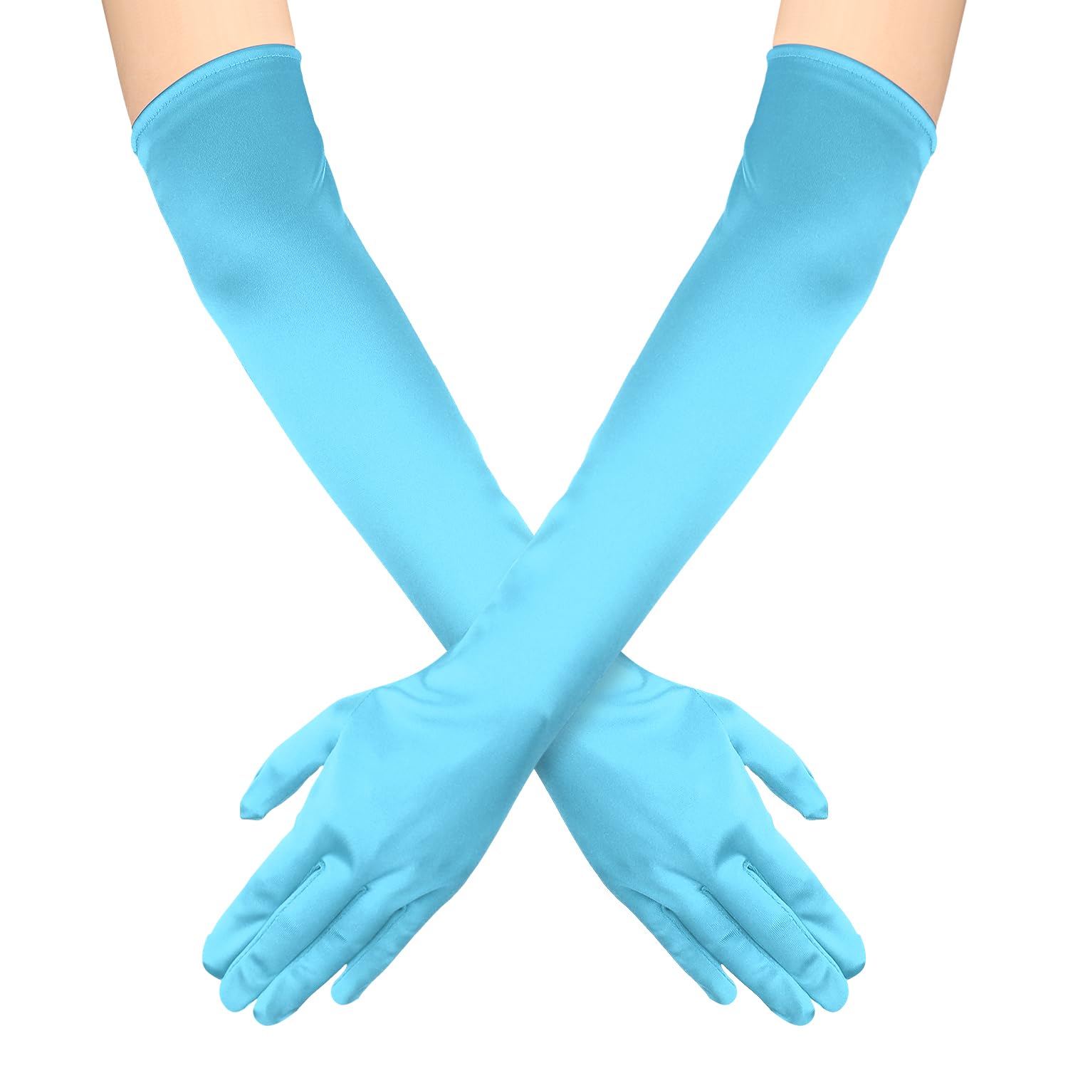 NQEUEPN Women's Long Elbow Satin Gloves 21" Stretchy 1920s Opera Hand Care Moisturizing for Girls Evening Party Dance (Light Blue)