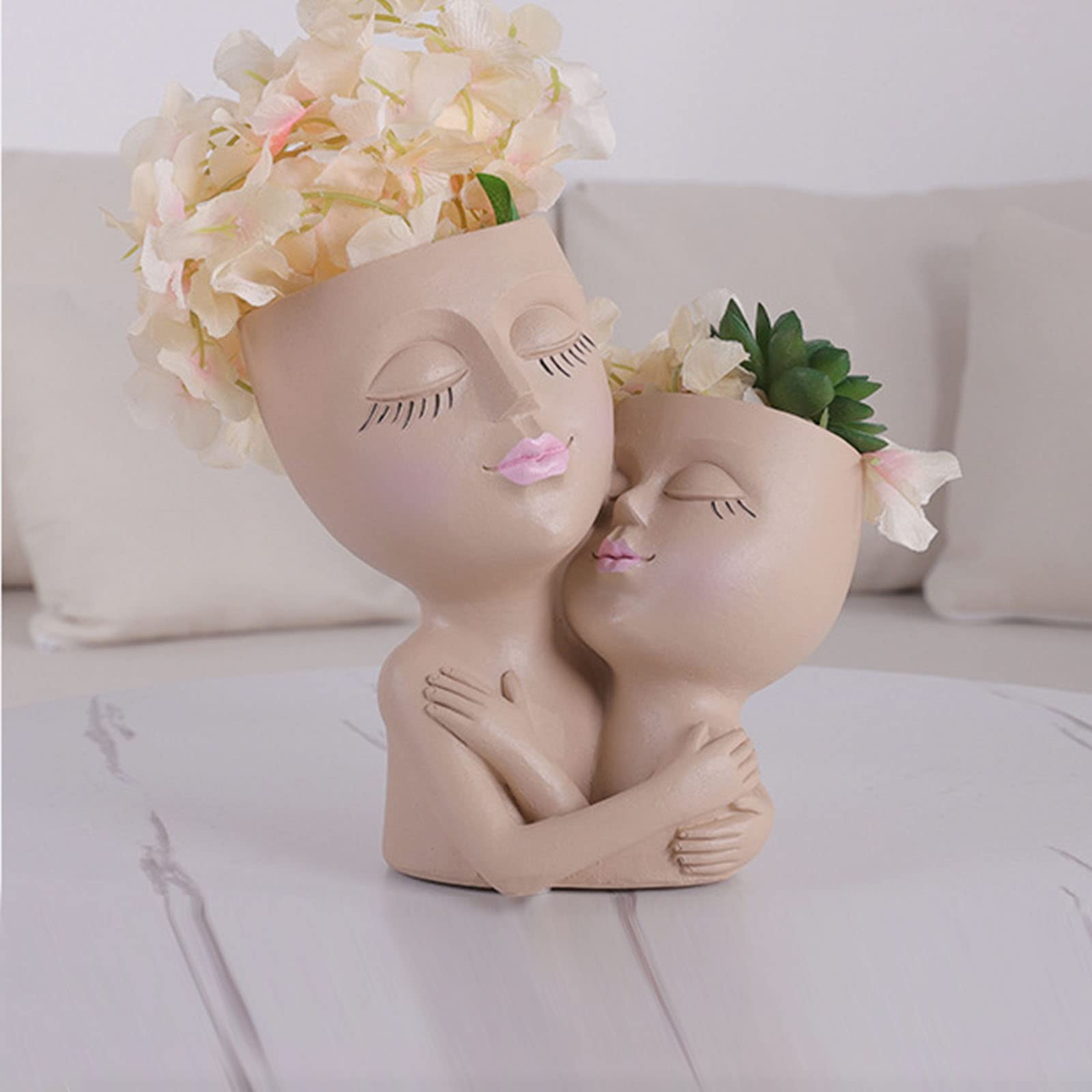 Face Planter Pot, Funny Head Planter Pots Double Head Planter, Double Flower Pots in One for Indoor Outdoor Plants, Resin Head Planter with Drainage Hole Cute Succulent Planters for Family(khaki)