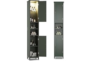 Hawkrown 67" Tall Bathroom Storage Cabinet with Lights, Slim Narrow Bathroom Cabinet Organizer with Doors and Adjustable Shelves, Tall Cabinet for Small Space (66.9" Tall-Green with Light, 1 Pack)