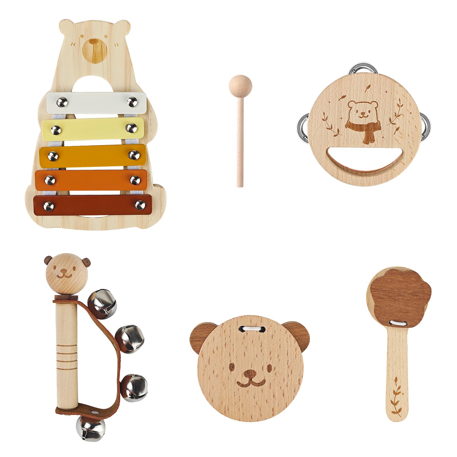 5Pcs Kids Musical Instruments - Wooden Bear Musical Toddler Toys Set, Baby Sensory Wooden Toys, Baby Xylophone Tambourine Castanets Baby Musical Toys for Boys Girls