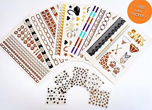 Premium Temporary Tattoos 5 Sheets | Metallic Gold, Silver, Turquoise Flash Tattoos for Women &amp; Girls | Over 80+ Tattoos | 1 Sheet for Bonus Nail Sticker